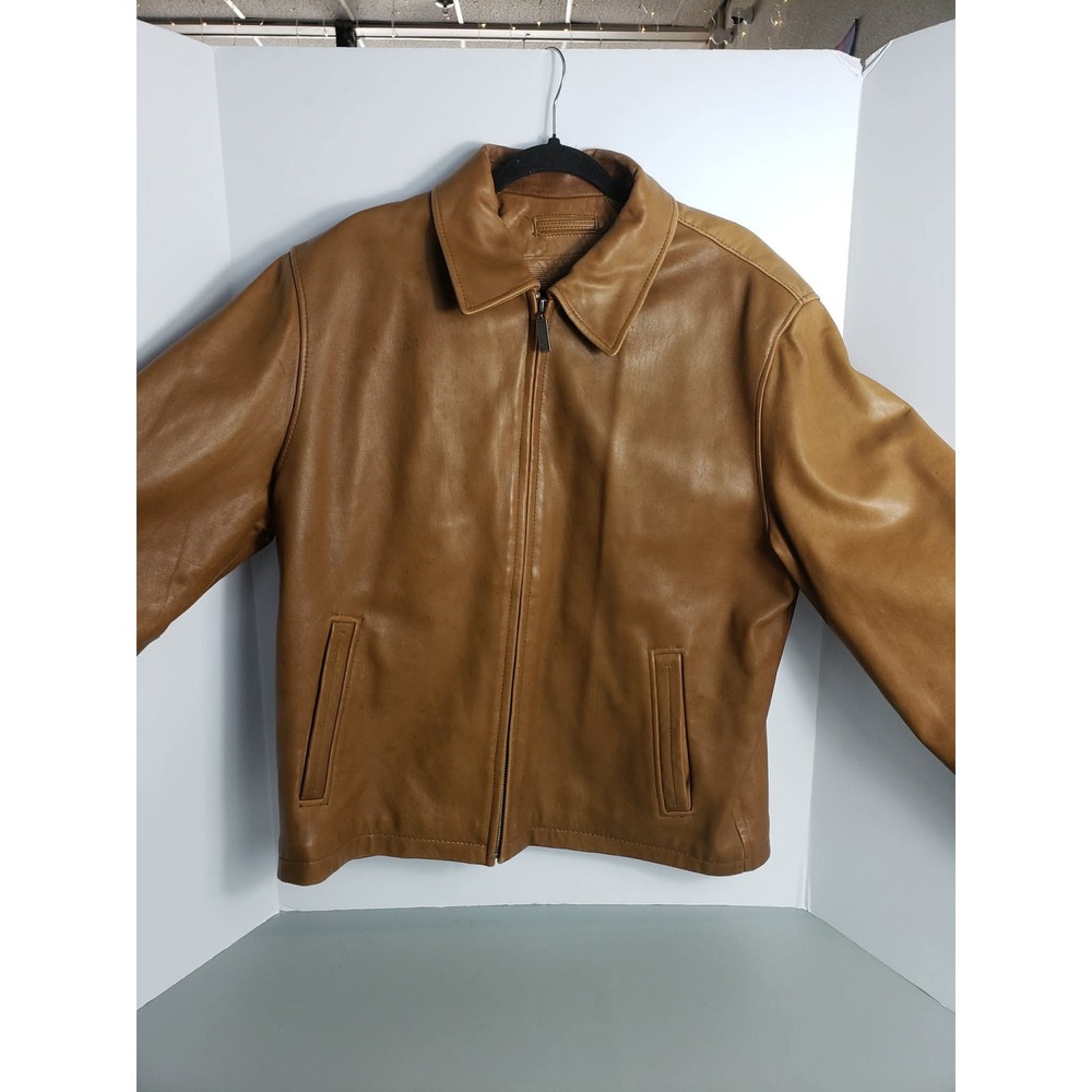 Mens Tan Brown Genuine Lambskin Leather Full Zip Bomber Jacket Large L